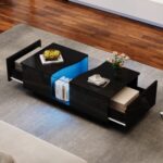 Led Coffee Table With 2 Drawer Storage, High Gloss Coffee Table For Living Room Unique Shape Centre Table With 16-Color Led Lights,End Table For Home Office Furniture, Black - Image 3