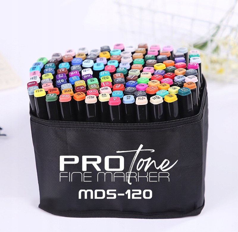 0b76389056a315c02ea3167d05a20af2 Set 120 Markere Profesionale pentru pasionatii de desen, cu cap dublu gros - subtire, cu geanta de depozitare, model AVX-WT-MDS-120 - Image 1