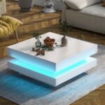 White Square High Gloss Coffee Table With 360 Rotating Top, Tea Table With 16-Color LED Light, 70x70x36 Cm - Image 2
