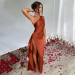 Sexy One-shoulder Backless Slit Dress Summer Elegant Slim-fit Solid Color Satin Dresses For Women - Image 6