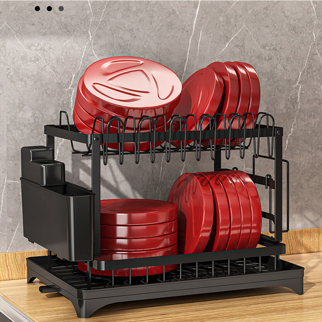 25cc7887-9dce-40aa-bc8d-bb6f56583521.jpg NEW 2TIER KITCHEN SINK DISH DRAINER RACK WITH DRIP TRAY CUTLERY HOLDER PLATE RACK UK - Image 1