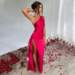 Sexy One-shoulder Backless Slit Dress Summer Elegant Slim-fit Solid Color Satin Dresses For Women - Image 5