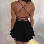 Sexy Suspender Skirt For Women Elegant Slim Strap Satin Backless Lace Up A-Line Short Dress Lady - Image 2