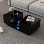 Led Coffee Table With 2 Drawer Storage, High Gloss Coffee Table For Living Room Unique Shape Centre Table With 16-Color Led Lights,End Table For Home Office Furniture, Black - Image 8