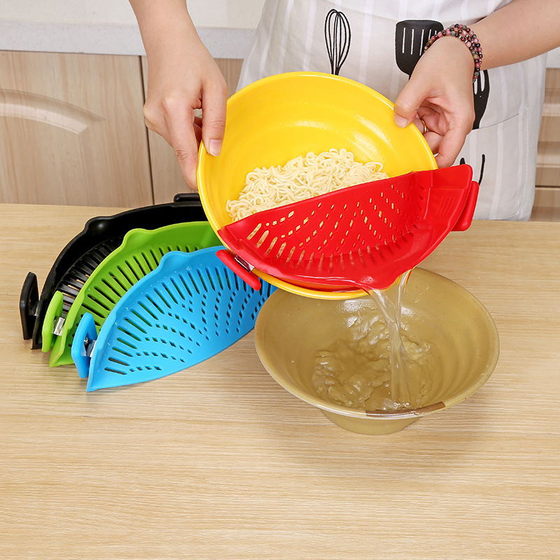 804180546545.jpg Silicone Clip-on Pot Pan Bowl Funnel Oil Strainer Creative Rice Washing Colander for Draining Liquid Fits All Pot Size - Image 1