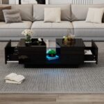 Led Coffee Table With 2 Drawer Storage, High Gloss Coffee Table For Living Room Unique Shape Centre Table With 16-Color Led Lights,End Table For Home Office Furniture, Black - Image 5