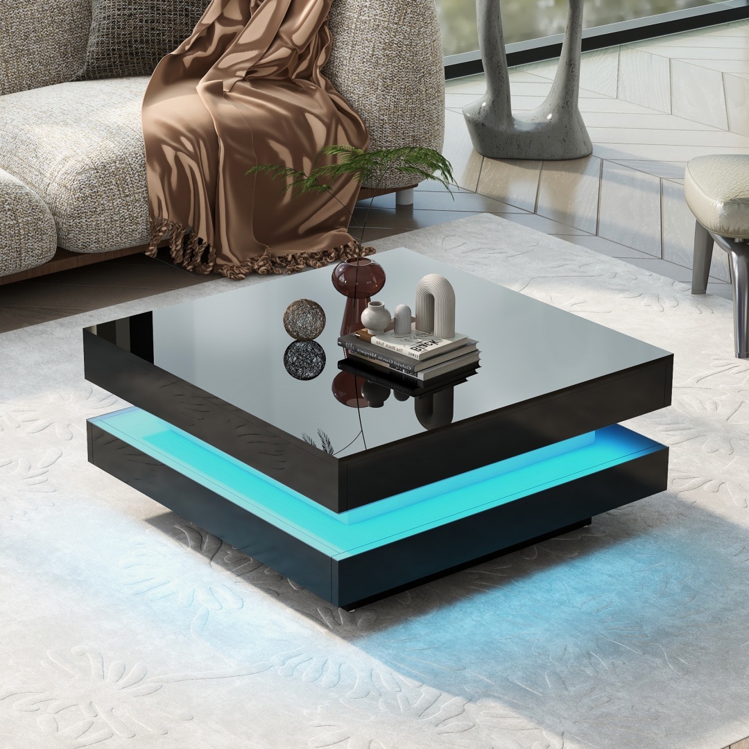 a1794baf-0788-4485-8ee6-e0e2017a5429.jpg White Square High Gloss Coffee Table With 360 Rotating Top, Tea Table With 16-Color LED Light, 70x70x36 Cm - Image 1