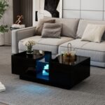 Led Coffee Table With 2 Drawer Storage, High Gloss Coffee Table For Living Room Unique Shape Centre Table With 16-Color Led Lights,End Table For Home Office Furniture, Black - Image 6