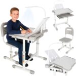 Set birou reglabil pentru copii cu scaun ergonomic, lampa LED USB, blat inclinabil, suport carti si organizator, 70 x 51 cm, culoare gri/alb, pentru scolari si prescolari - Image 2