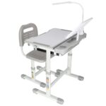 Set birou reglabil pentru copii cu scaun ergonomic, lampa LED USB, blat inclinabil, suport carti si organizator, 70 x 51 cm, culoare gri/alb, pentru scolari si prescolari - Image 4