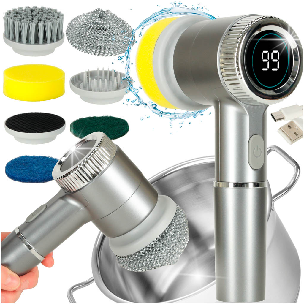 Szczotka-myjka-elektryczna-do-czyszczenia-5w1-do-lazienki-podlogi-fug-basenu-LED-164519 Perie electrica "5-in-1" cu 5 accesorii de curatare pentru baie, podea, rosturi faianta, piscina, cu afisaj cu LED si incarcare USB - Image 1
