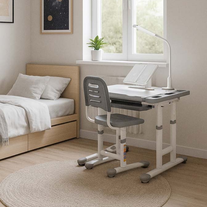 birou-copii-ikonka Set birou reglabil pentru copii cu scaun ergonomic, lampa LED USB, blat inclinabil, suport carti si organizator, 70 x 51 cm, culoare gri/alb, pentru scolari si prescolari - Image 1